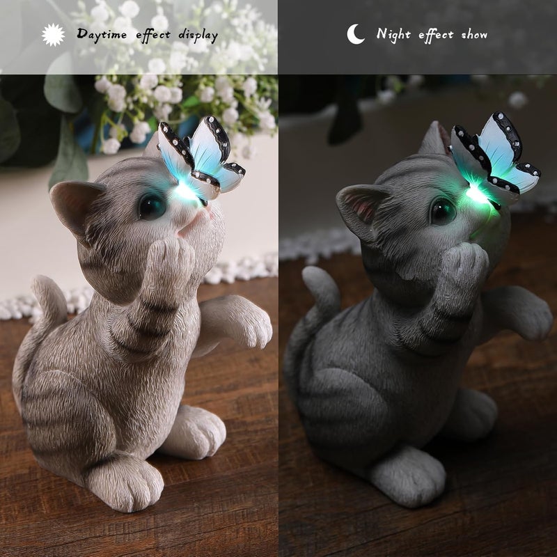 halp·ssfm Cat Garden Statue Outdoor Solar Decorations Butterfly Light Figurine Color Changing LED Lights Resin Sculpture Art Decor Patio Lawn Yard Housewarming Gifts for Women Grandma Mom - Image 3